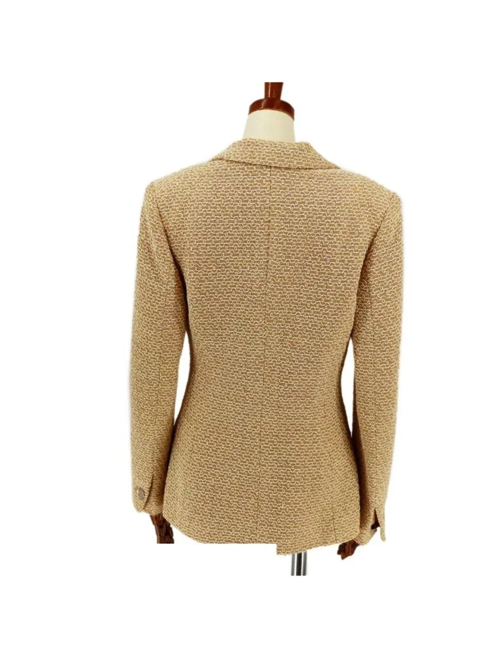 Chanel Coco Number Button Jacket Beige Wool Rayon Nylon Shoulder Pad 98P Top 36